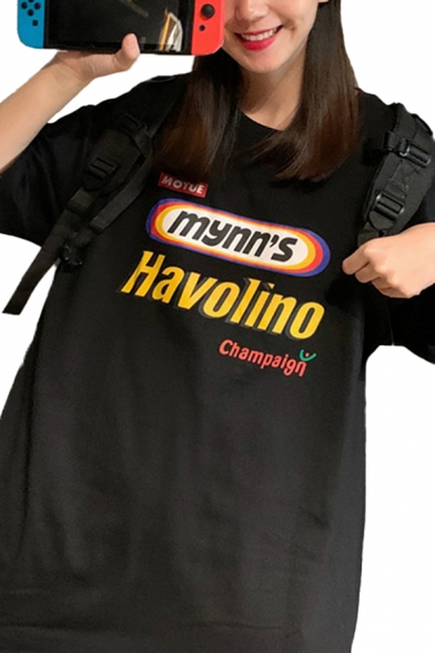 Hip Hop Womens Letter Havolino Pirnt Half Sleeve Crew Neck Relaxed T-shirt