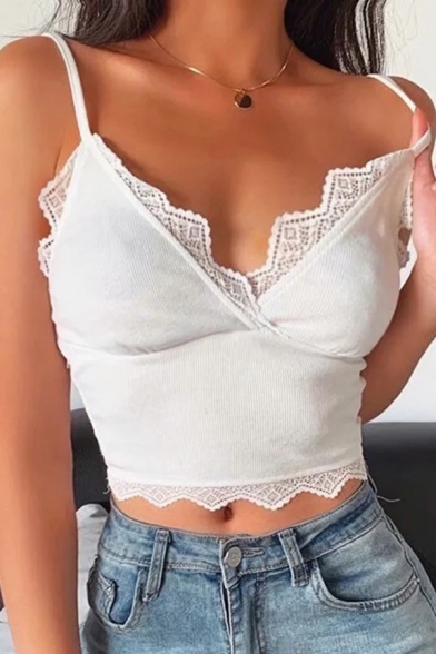 Hot Solid Color Spaghetti Straps Lace Trimmed Knit Fitted Crop Cami Top in White