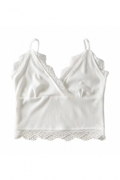 Hot Solid Color Spaghetti Straps Lace Trimmed Knit Fitted Crop Cami Top in White