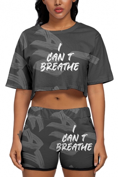 I Can't Breathe Letter Short Sleeve Round Neck Relaxed Crop Tee & Slim Fitted Shorts Trendy Co-ords for Women