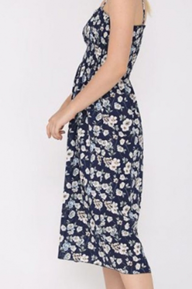 Ladies Ditsy Floral Printed Spaghetti Straps Cute Mid A-line Slip Dress