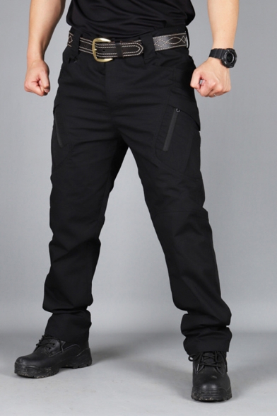 Leisure Mens Pants Solid Color Zipper Full Length Regular Fit Cargo Pants with Pockets