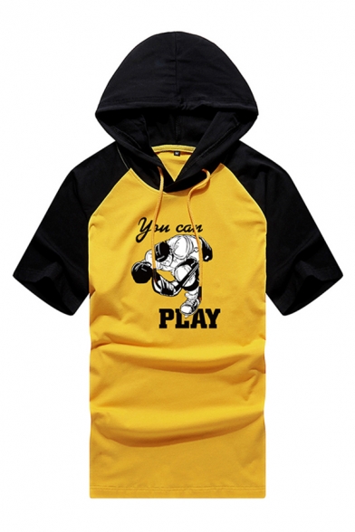 Letter You Can Play Cartoon Graphic Contrasted Short Sleeve Hooded Drawstring Slim Fitted Fashion T Shirt for Guys