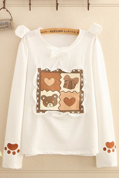 Lovely Girls Cartoon Printed Stringy Selvedge Paw Print Bow Tie Panel Long Sleeve Round Neck Loose Pullover Sweatshirt in White