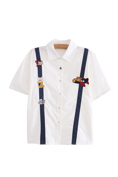 New Stylish Womens Color Block Animals Number Airship Embroidery Printed Button Down Collar Short Sleeve Regular Fit Shirt