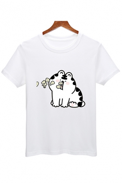Popular Cartoon Cat Pattern Short Sleeve Crew Neck Relaxed Fit Tee Top in White