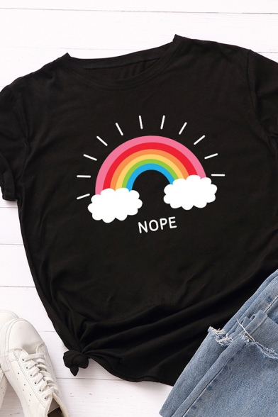 Popular Letter Nope Rainbow Graphic Rolled Short Sleeve Crew Neck Fitted Tee Top for Women