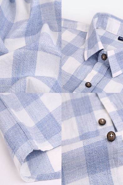 Popular Mens Checked Pattern Button down Long Sleeve Point Collar Regular Fitted Shirt