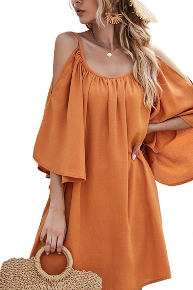 Popular Womens Solid Color 3/4 Sleeve Cold Shoulder Short Pleated Swing Dress