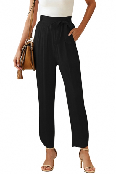 Popular Womens Solid Color Bow Tied Waist Ankle Length Straight Pants