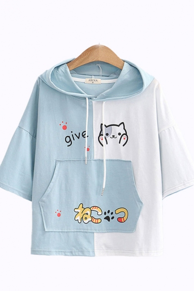 Preppy Girls Letter Give Dog Graphic Colorblock 3/4 Sleeve Drawstring Hooded Pouch Pocket Relaxed T Shirt