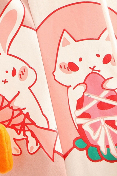 Preppy Girls Rabbit Cat Printed Colorblock Short Sleeve Drawstring Relaxed Hoodie
