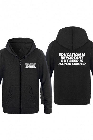 Simple Letter Education Is Important Printed Zipper up Pocket Drawstring Long Sleeve Regular Fitted Graphic Hooded Sweatshirt for Men