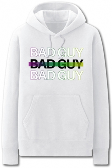 Simple Mens Letter Bad Guy Printed Pocket Drawstring Long Sleeve Regular Fit Hooded Sweatshirt