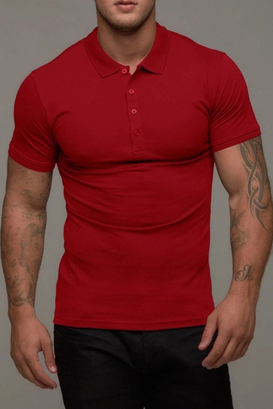 Simple Mens Plain Spread Collar Button Detail Short Sleeve Slim Polo Shirt