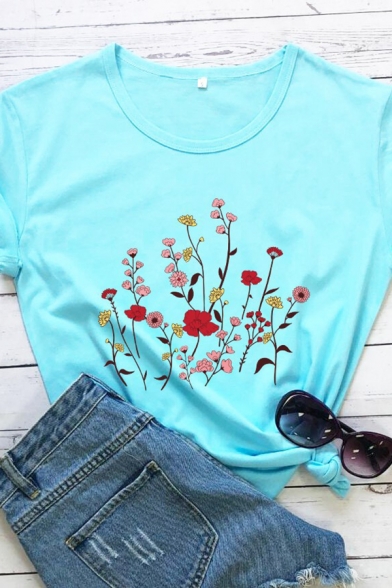Simple Womens Floral Printed Short Sleeve Crew Neck Fit T Shirt