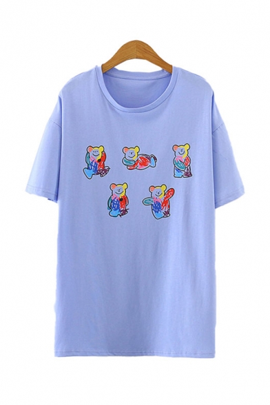 Stylish Cartoon Bear Printed Short Sleeve Round Neck Relaxed T Shirt for Women