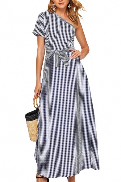 Stylish Ladies Checkered Print Single Sleeve Oblique Shoulder Bow Tie Waist Maxi A-line Dress in Black