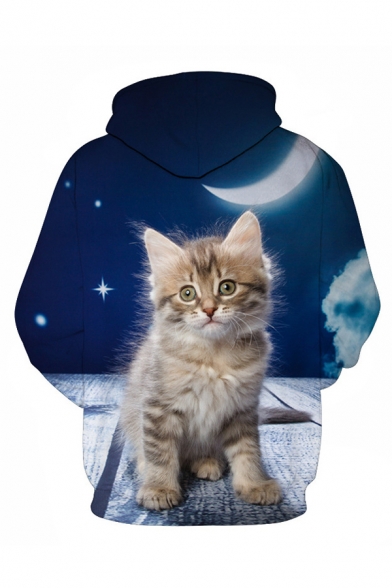 Stylish Men's Moon Cat 3D Print Pocket Drawstring Full Sleeve Loose Fit Hooded Sweatshirt