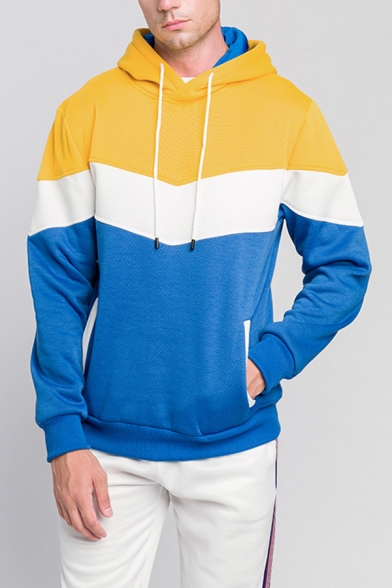 Stylish Mens Hooded Sweatshirt Color Block Drawstring Long Sleeve Regular Fitted Hooded Sweatshirt with Pocket