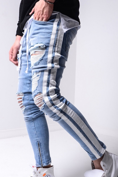 Stylish Mens Jeans Distressed Zipper Button Detail Pockets Light Wash Full Length Tapered Jeans in Light Blue