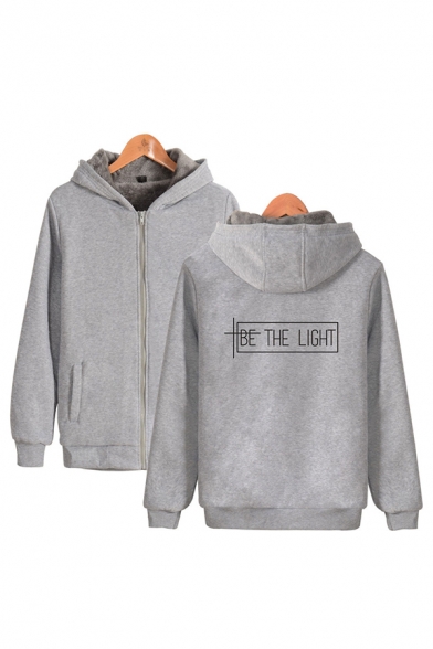 Stylish Mens Letter Be the Light Zipper up Pocket Long Sleeve Regular Fit Graphic Hooded Sweatshirt