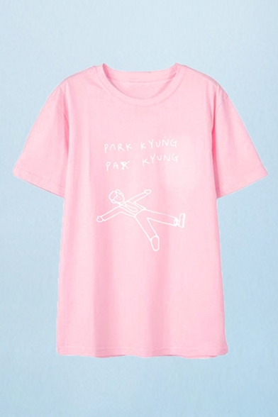Stylish Mens Letter Park Kyung Cartoon Graphic Short Sleeve Crew Neck Loose T Shirt