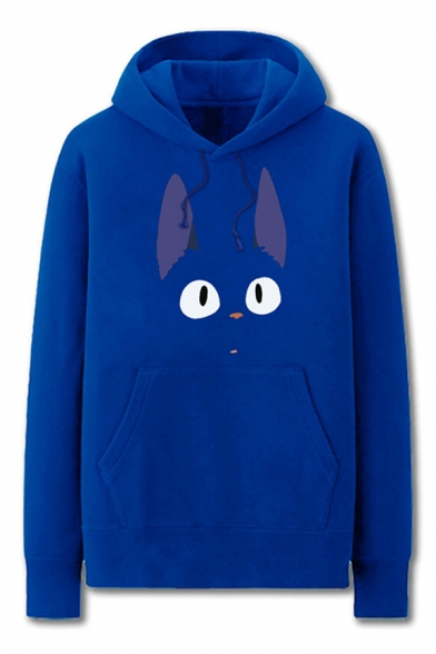 Trendy Cartoon Cat Pattern Pocket Drawstring Long Sleeve Regular Fit Hooded Sweatshirt for Men