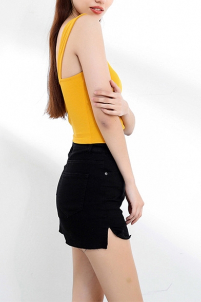 Trendy Womens Plain Square Neck Slim Fit Cropped Tank Top in Yellow