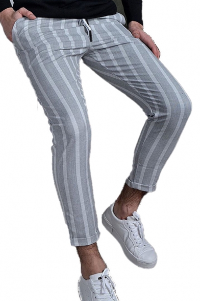Unique Men's Striped Print Pants Drawstring Pocket Full Length Slim Fitted Pencil Pants