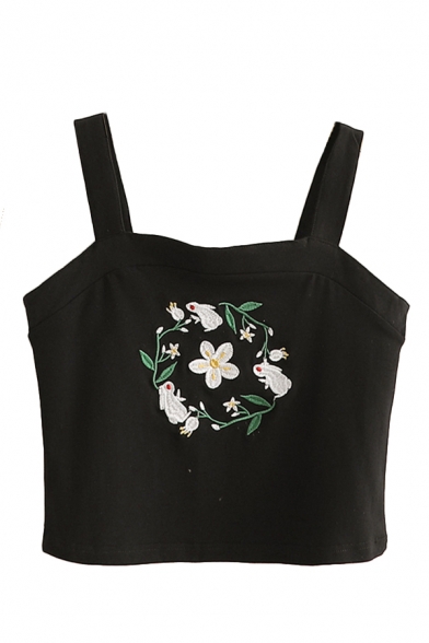 Womens Pretty Flower Rabbit Embroidered Cartoon Cat Print Square Neck Cropped Tank