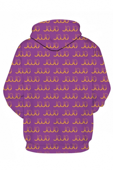 Allover Letter Jojo 3D Print Long Sleeve Drawstring Kangaroo Pocket Relaxed Popular Hoodie in Purple