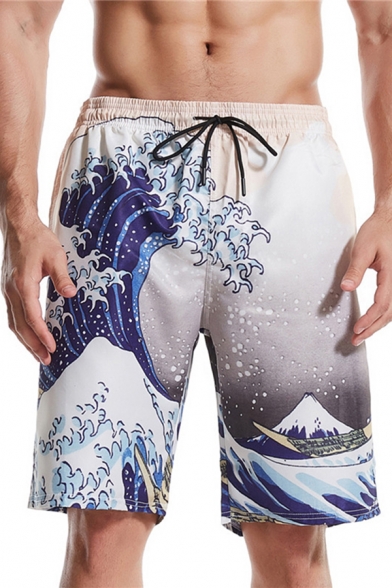 Basic Mens 3D Relax Shorts Wave Mountain Printed Drawstring Waist Regular Fitted Relax Shorts in White