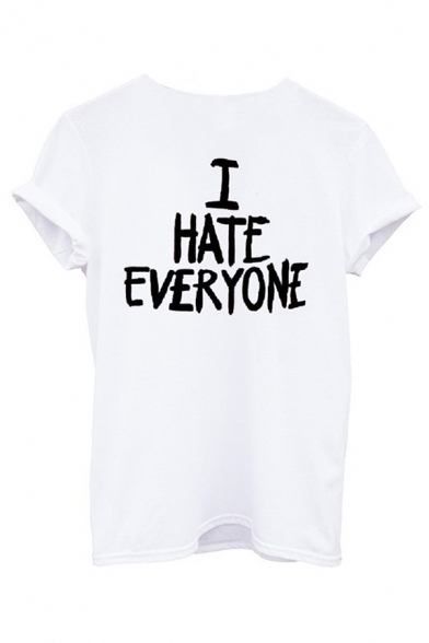 Casual Mens Letter I Hate Everyone Print Rolled Short Sleeve Crew Neck Relaxed T Shirt