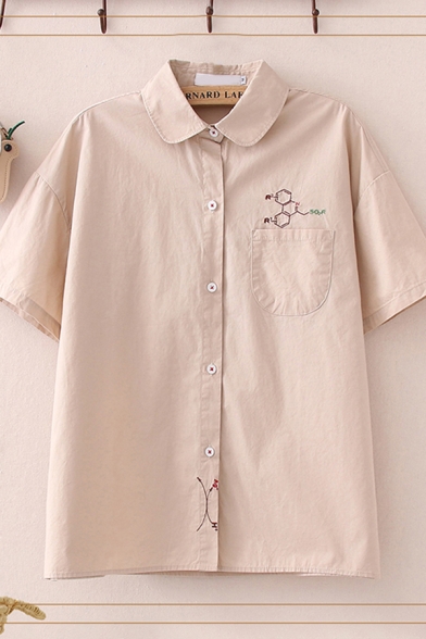 Casual Womens Logo Embroidered Button-up Turn-down Collar Drop Shoulder Short Sleeve Regular Fit Shirt with Pocket