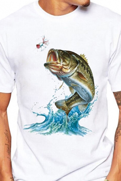 Chic Fish Patterned Short Sleeve Crew Neck Slim Fitted White Tee for Men