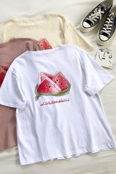 Chic Womens English Letter Cartoon Watermelon Back Printed Crew Neck Short Sleeve Regular Fit Graphic Tee