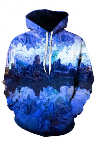 Cool 3D Mountain Ice Pattern Pocket Drawstring Long Sleeve Regular Fit Hooded Sweatshirt for Men