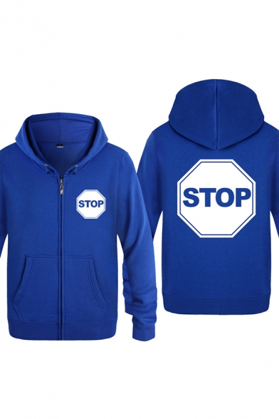 Cool Letter Stop Zipper up Pocket Drawstring Long Sleeve Fitted Hooded Sweatshirt for Men