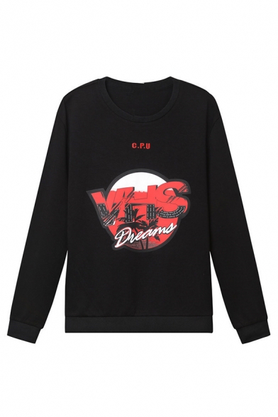 Cool Mens Tree Letter Vhs Dream Printed Pullover Long Sleeve Round Neck Regular Fit Sweatshirt in Black