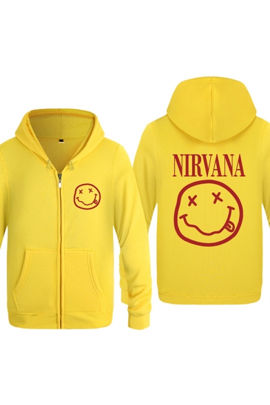 Cozy Mens Emoji Pattern Letter Nirvana Zip up Pocket Drawstring Long Sleeve Regular Fit Graphic Hooded Sweatshirt