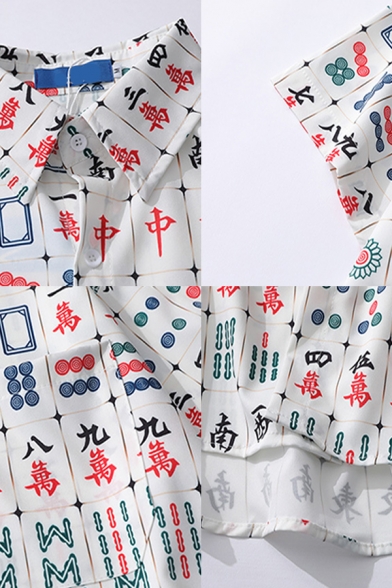 Creative All over Mahjong Pattern Button down Pocket Point Collar Short Sleeve Relaxed Fit Shirt for Men