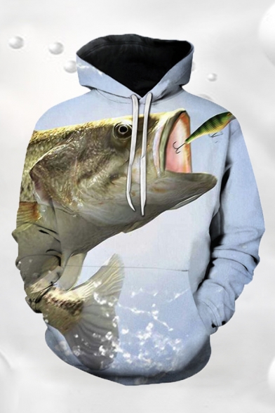 Creative Mens Fish Letter the Strike 3D Printed Pocket Drawstring Long Sleeve Relaxed Fit Graphic Hoodie