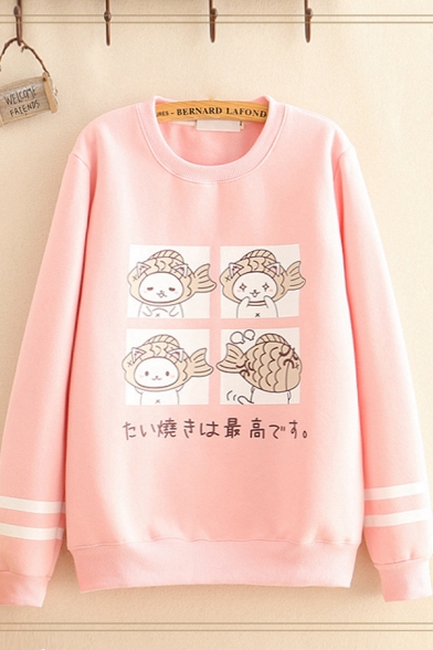 Cute Girls Japanese Letter Cartoon Graphic Striped Long Sleeve Round Neck Loose Pullover Sweatshirt