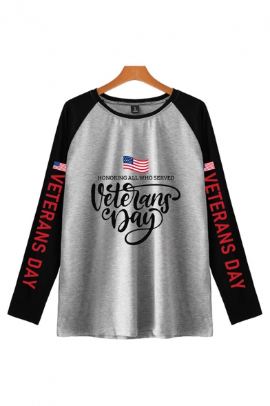 Dressy Mens USA Flag Letter Honoring All Who Served Veterans Day Printed Raglan Long Sleeve Round Neck Regular Fit Graphic Tee Top