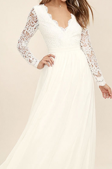 Elegant Womens See-through Lace Long Sleeve Scalloped V-neck Backless Maxi Flowy Prom Dress in White
