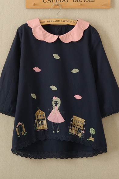 Fancy Girls Cartoon Printed Lace Trimmed 3/4 Sleeve Scalloped Peter Pan Collar Loose Blouse Top