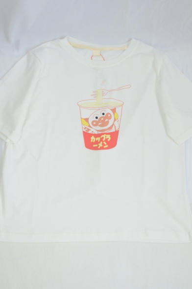 Fancy Girls Japanese Letter Cartoon Food Printed Round Neck Short Sleeve Loose Fit Graphic Tee