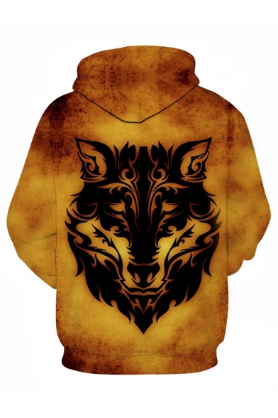 Fancy Mens 3D Wolf Pattern Pattern Pocket Drawstring Long Sleeve Regular Fit Hooded Sweatshirt in Yellow