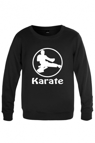 Fancy Mens Character Pattern Letter Karate Long Sleeve Round Neck Regular Fitted Graphic Pullover Sweatshirt